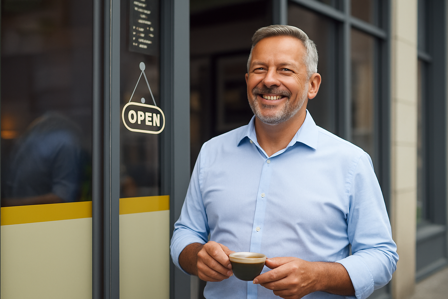 Small business owner smiling in front of a shop with an OPEN sign